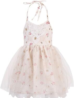 Girls Floral Halter Tulle Dress in Cream and Pink